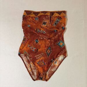 Vintage 70s Gottex One Piece Strapless Rust Patterned Swimsuit, M Boho